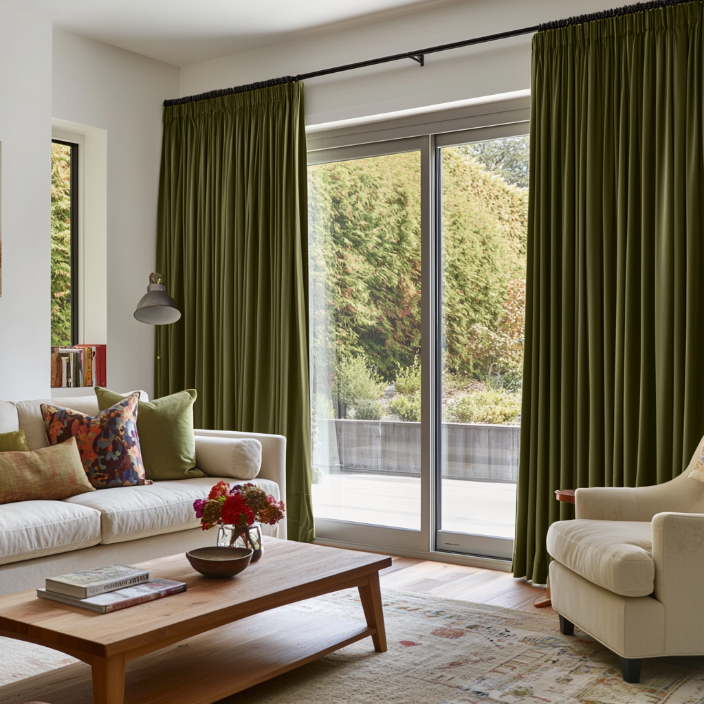 Olive Green Velvet Pencil Pleat Blackout Curtains for Sliding Doors in a Living Room with Light Grey Walls
@Heading: Pencil Pleat