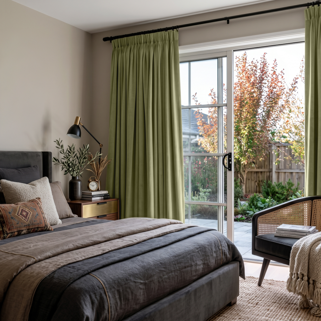 Olive Green Velvet Pencil Pleat Sliding Patio Door Curtains in a Modern Bedroom with Gray Bedding and a Black Cane Chair