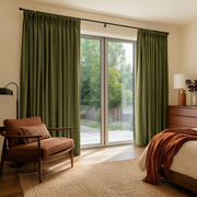 Olive Green Velvet Pinch Pleat Blackout Curtains for Sliding Doors in a Bedroom with Cream Walls
@Heading: Pinch Pleat