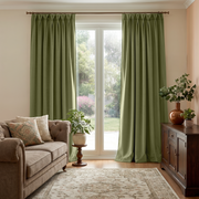 Olive Green Velvet Pinch Pleat Sliding Patio Door Curtains in a Traditional Living Room with Peach Walls and a Taupe Sofa