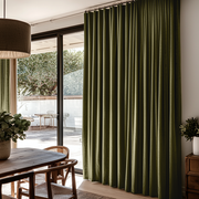 Olive Green Velvet S-Fold Blackout Curtains for Sliding Doors in a Dining Room with Off-White Walls
@Heading: S-Fold