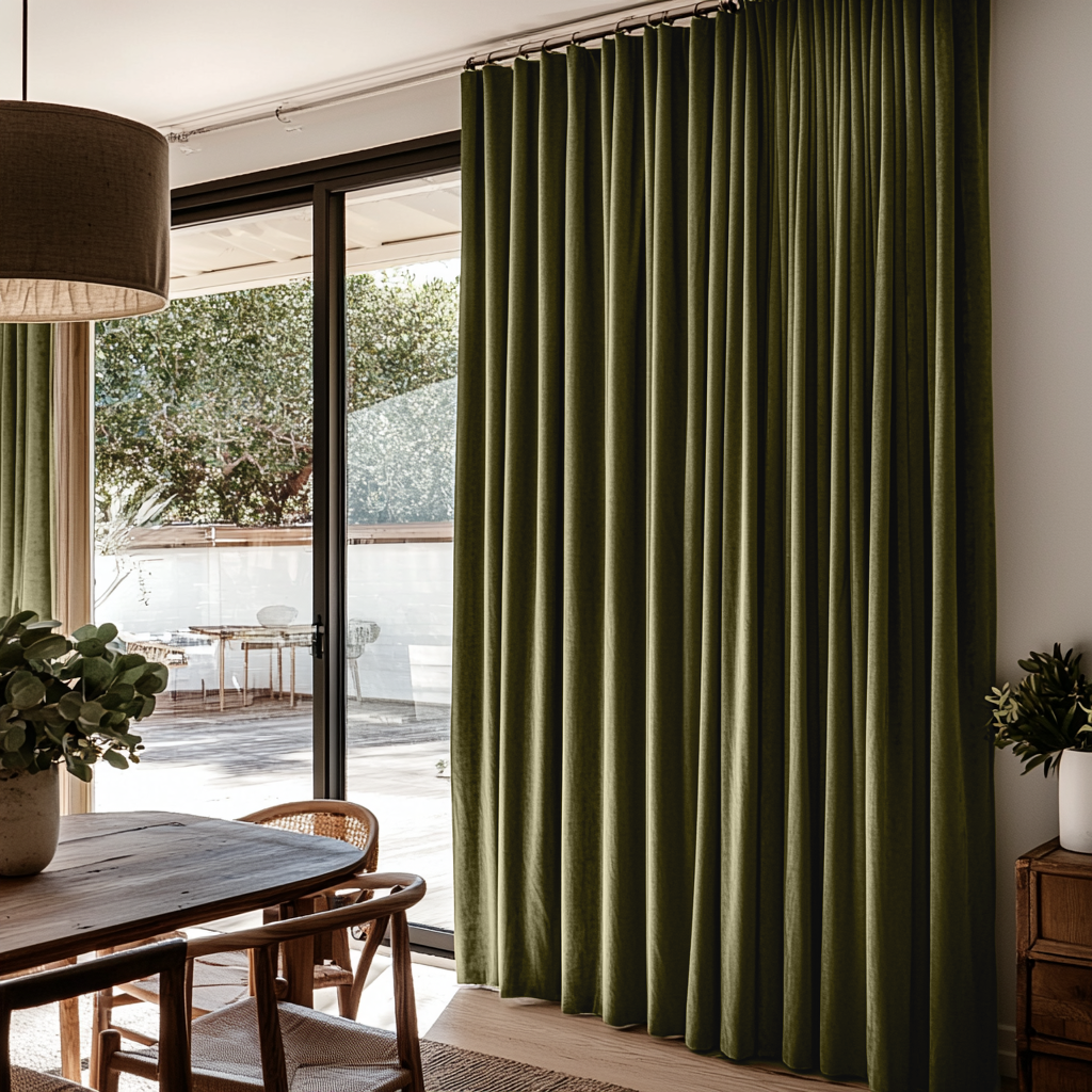Olive Green Velvet S-Fold Blackout Curtains for Sliding Doors in a Dining Room with Off-White Walls
@Heading: S-Fold