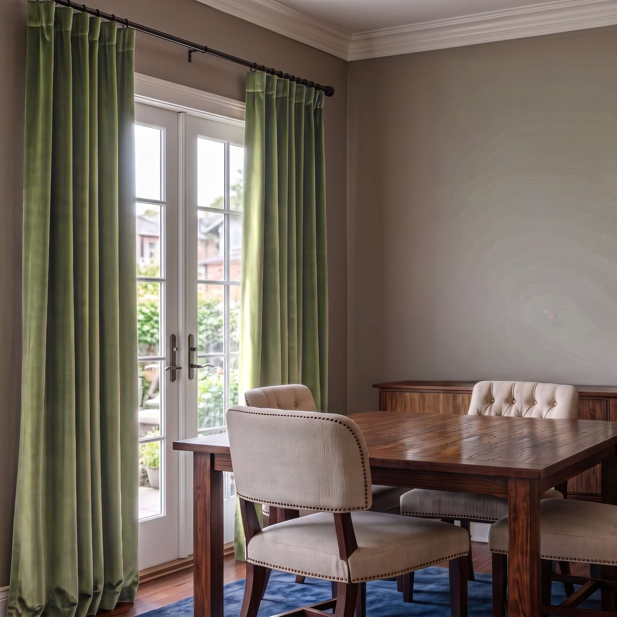 Refined dining room with olive green back-tab curtains, dark wooden furniture, and classic upholstered chairs
