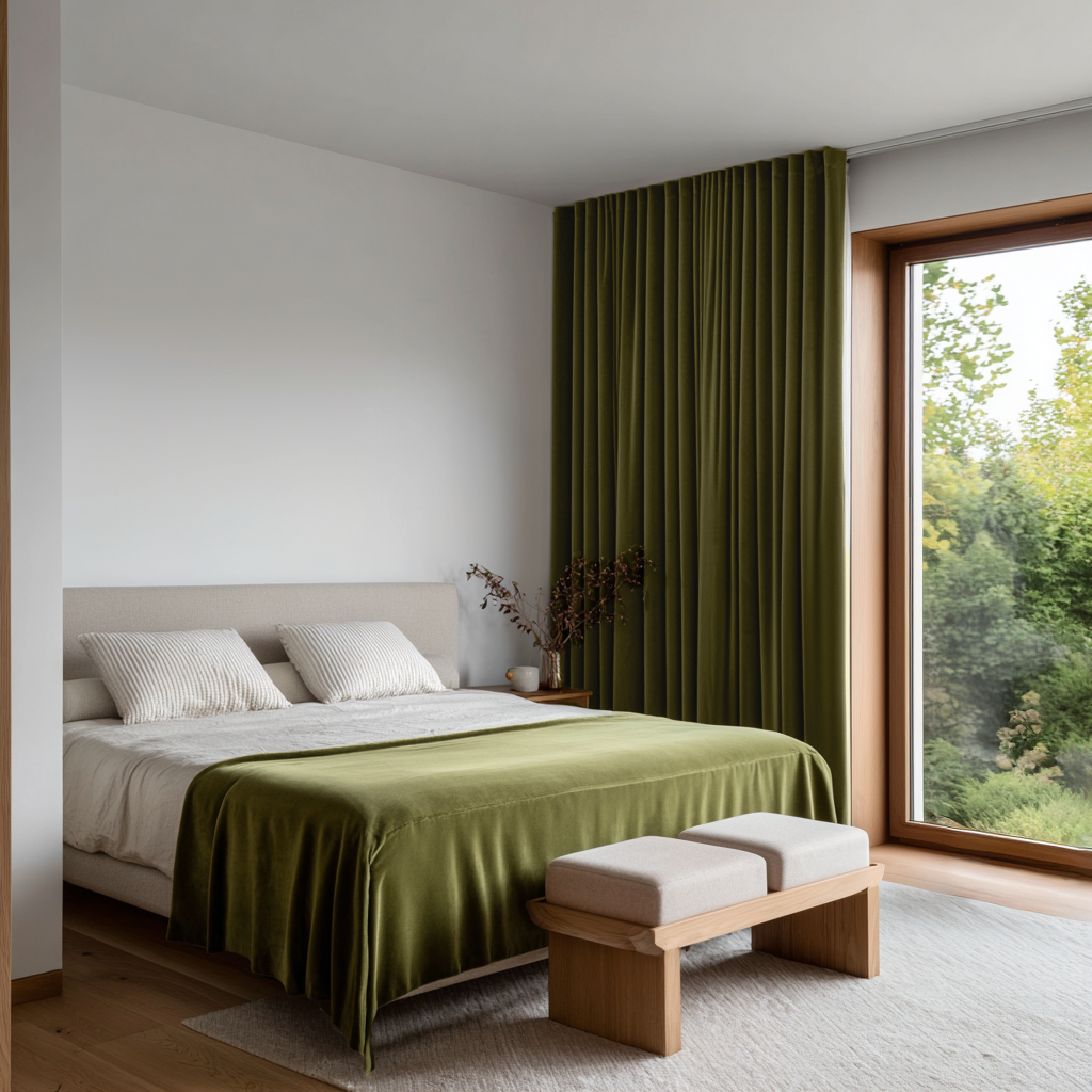 Olive Green Velvet Soundproof Curtains with Multitape