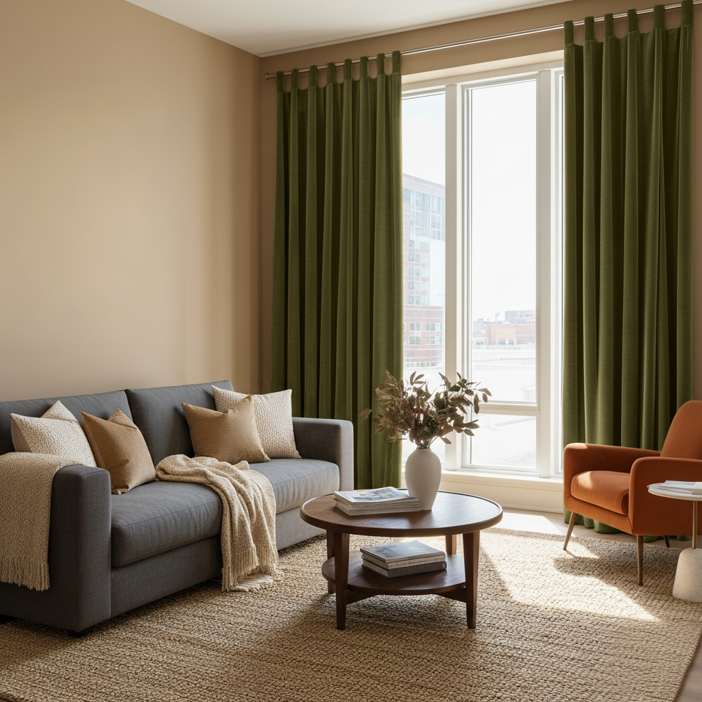 Olive Green Velvet Tab Top Blackout Curtains in a Living Room with Tan Walls