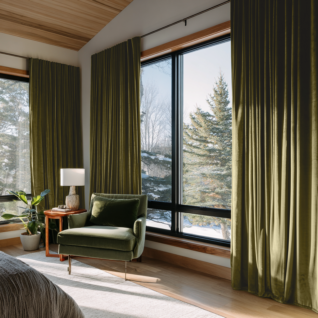 Olive Green Velvet Thermal Curtains with Multitape