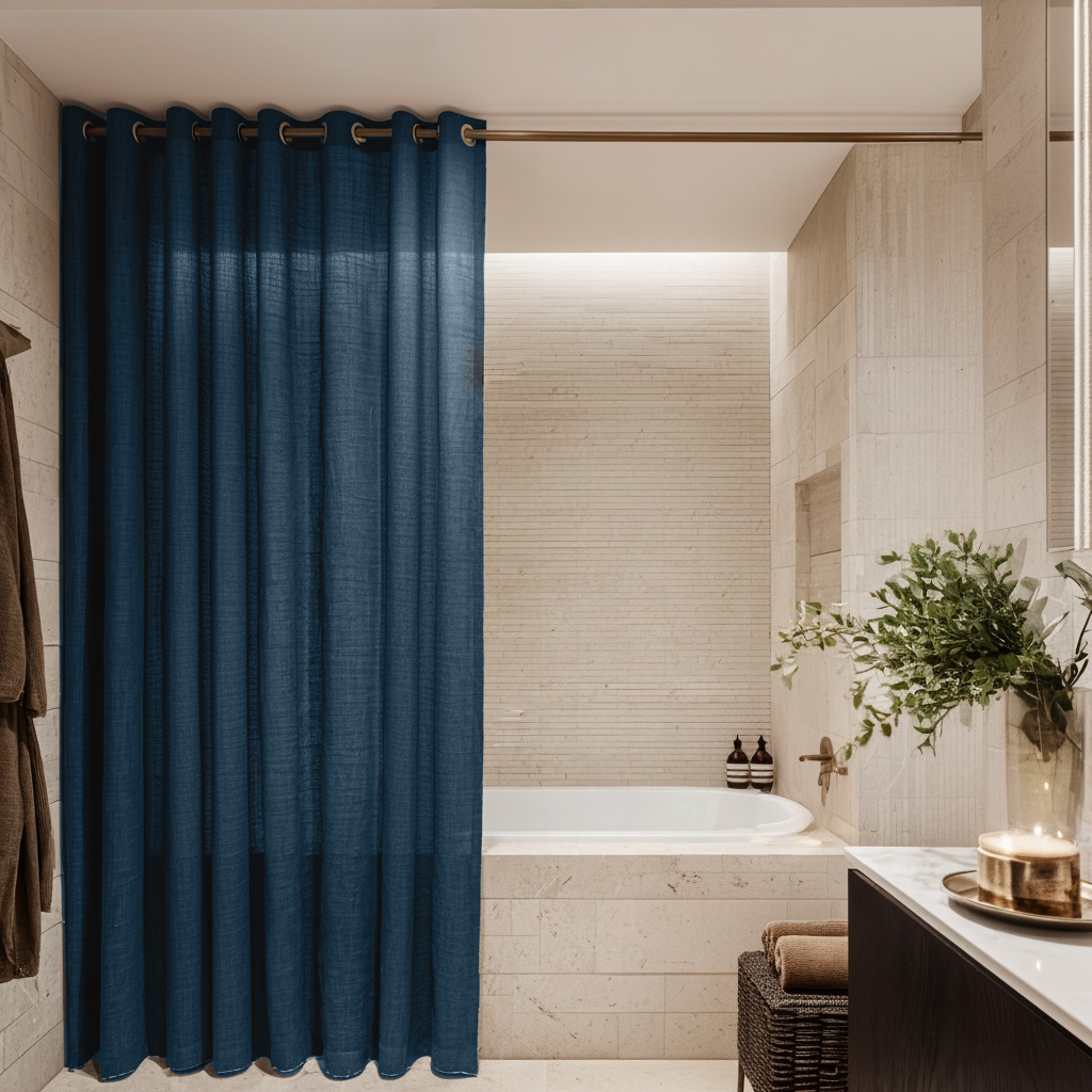 Peacock Blue Hookless Linen Shower Curtain