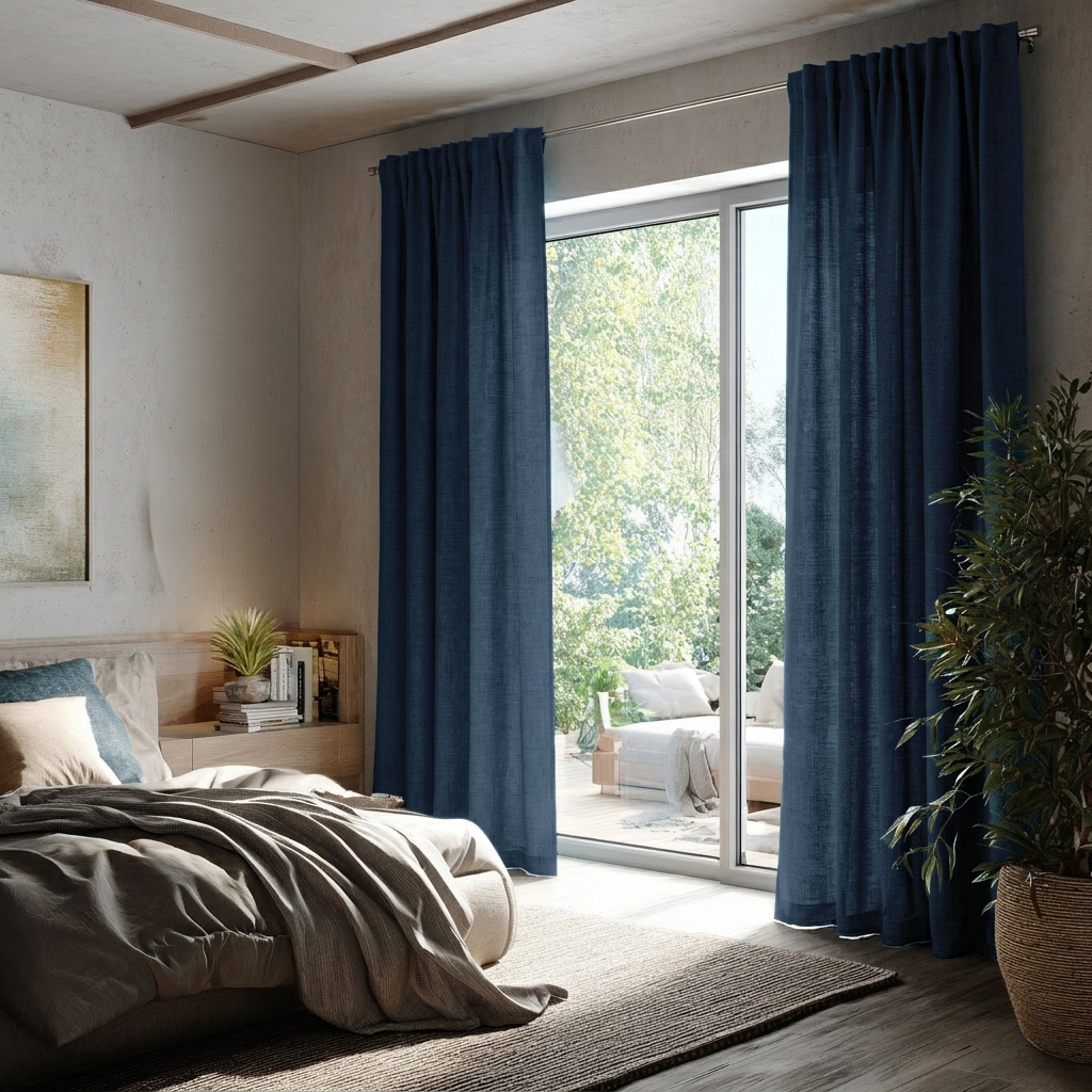 Peacock Blue Linen Back Tab Curtains for Sliding Doors in a Bedroom with Light Grey Walls
