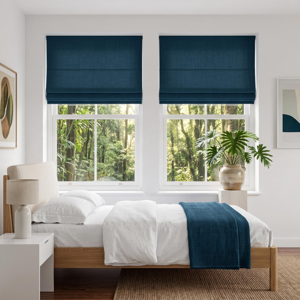 Peacock Blue Linen Cordless Roman Blinds in a Modern Bedroom with White Walls and a Light Wood Bed Frame