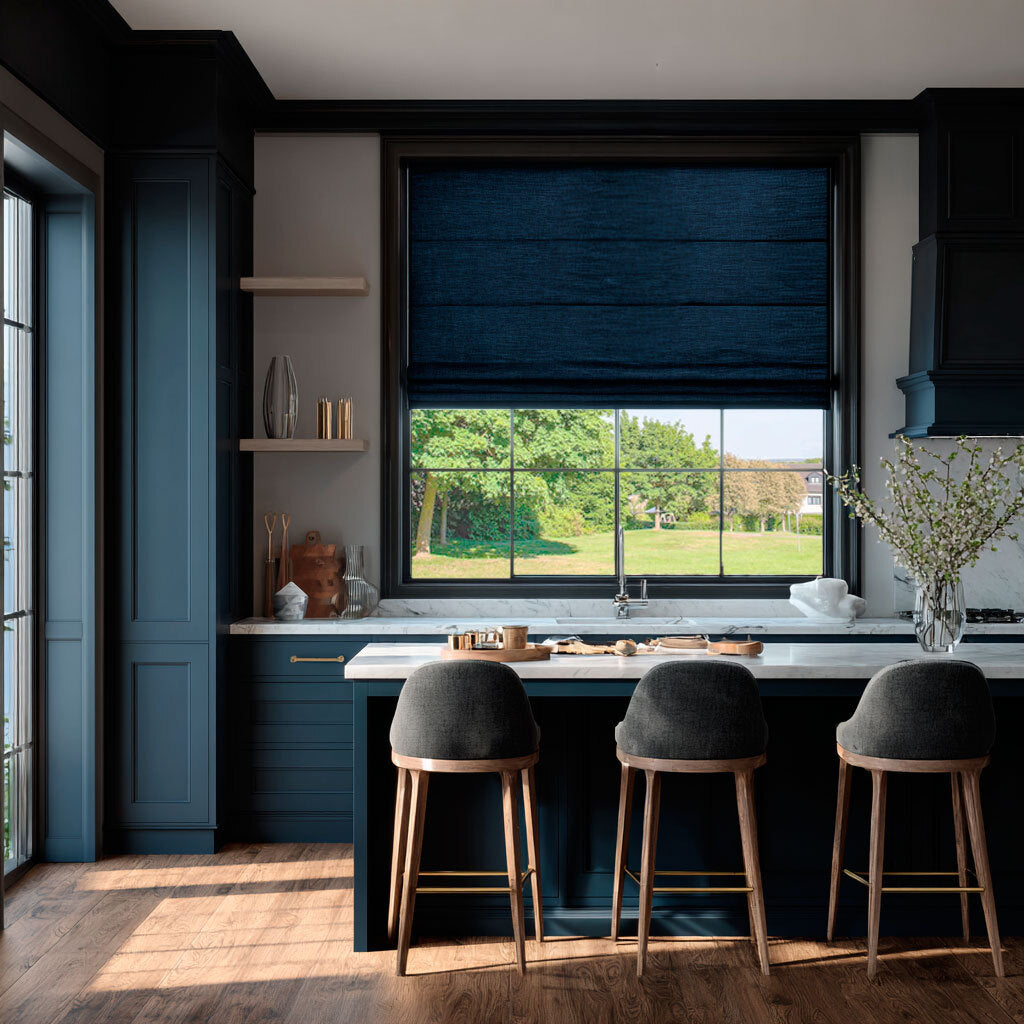 Peacock Blue Linen Roman Blinds - Blackout Lining