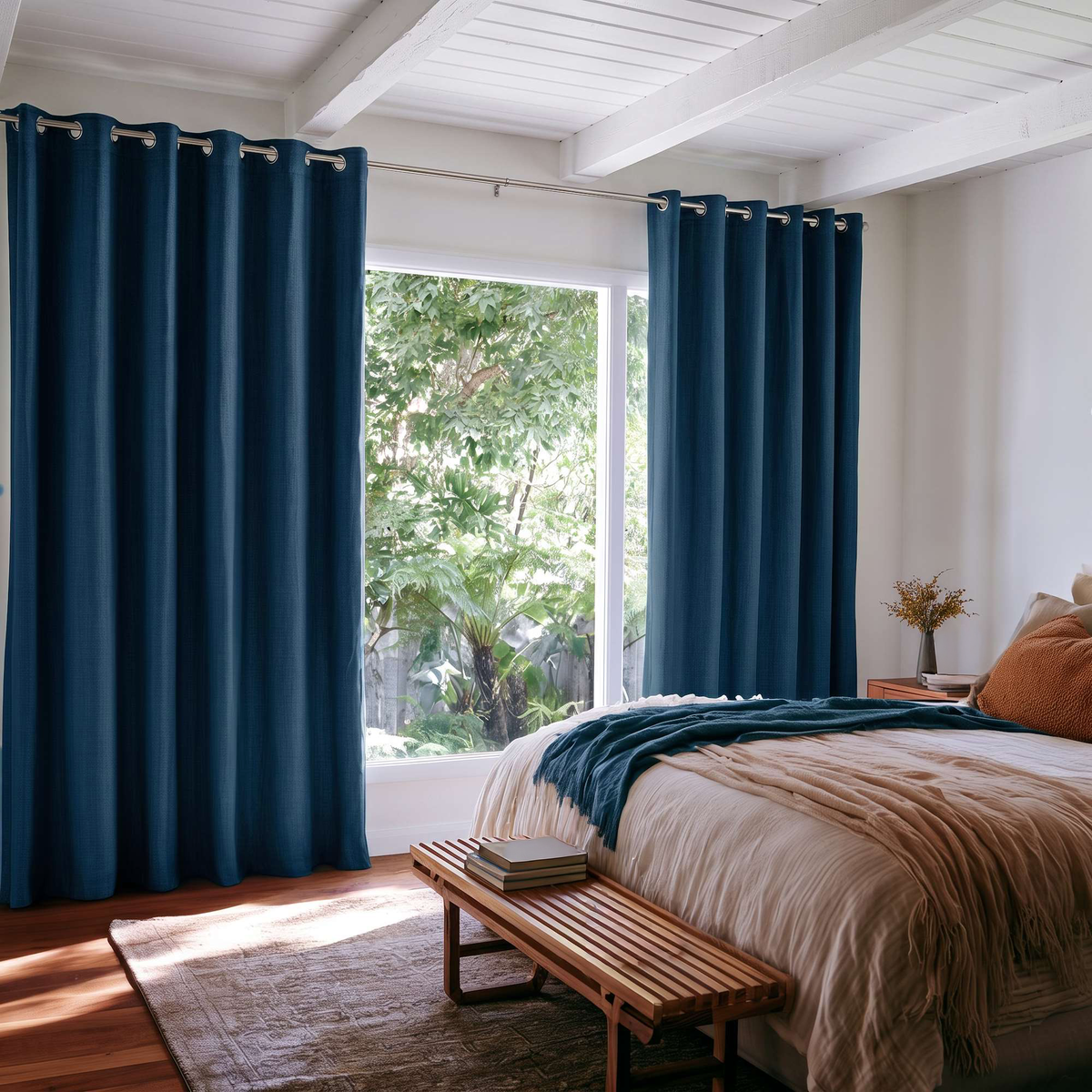 Peacock Blue Linen Eyelets Extra Long Curtains in a Modern Bedroom with White Beamed Ceiling and Garden View