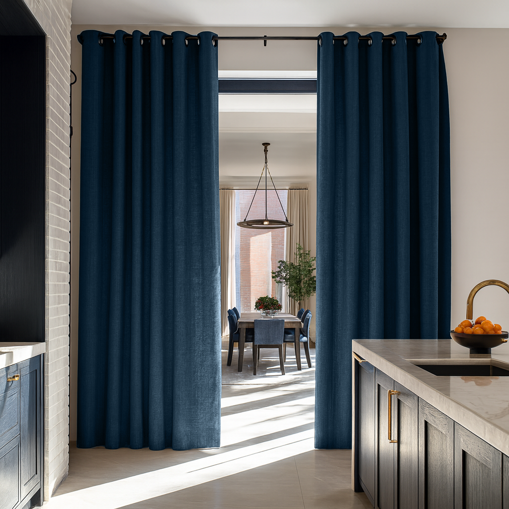 Peacock Blue Linen Doorway Curtains with Eyelets