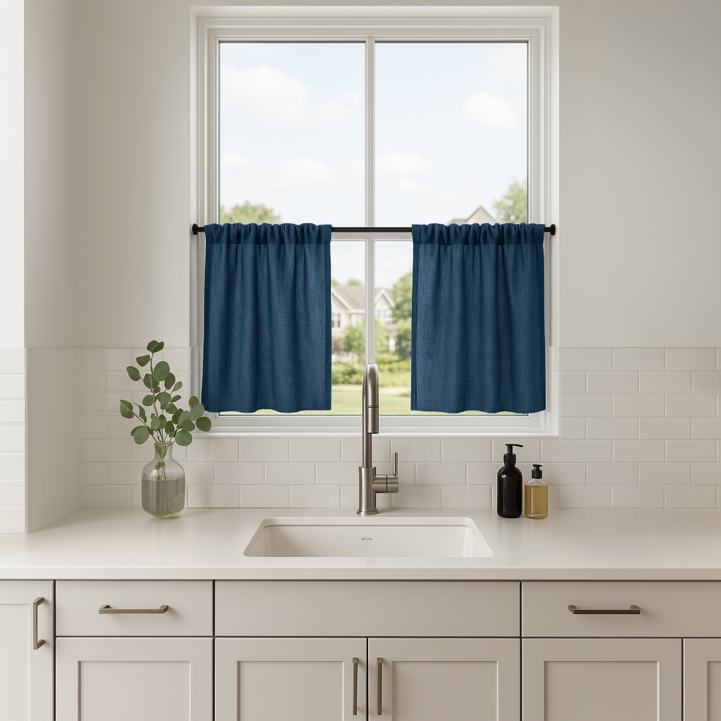 Peacock Blue Linen Kitchen Cafe Curtains