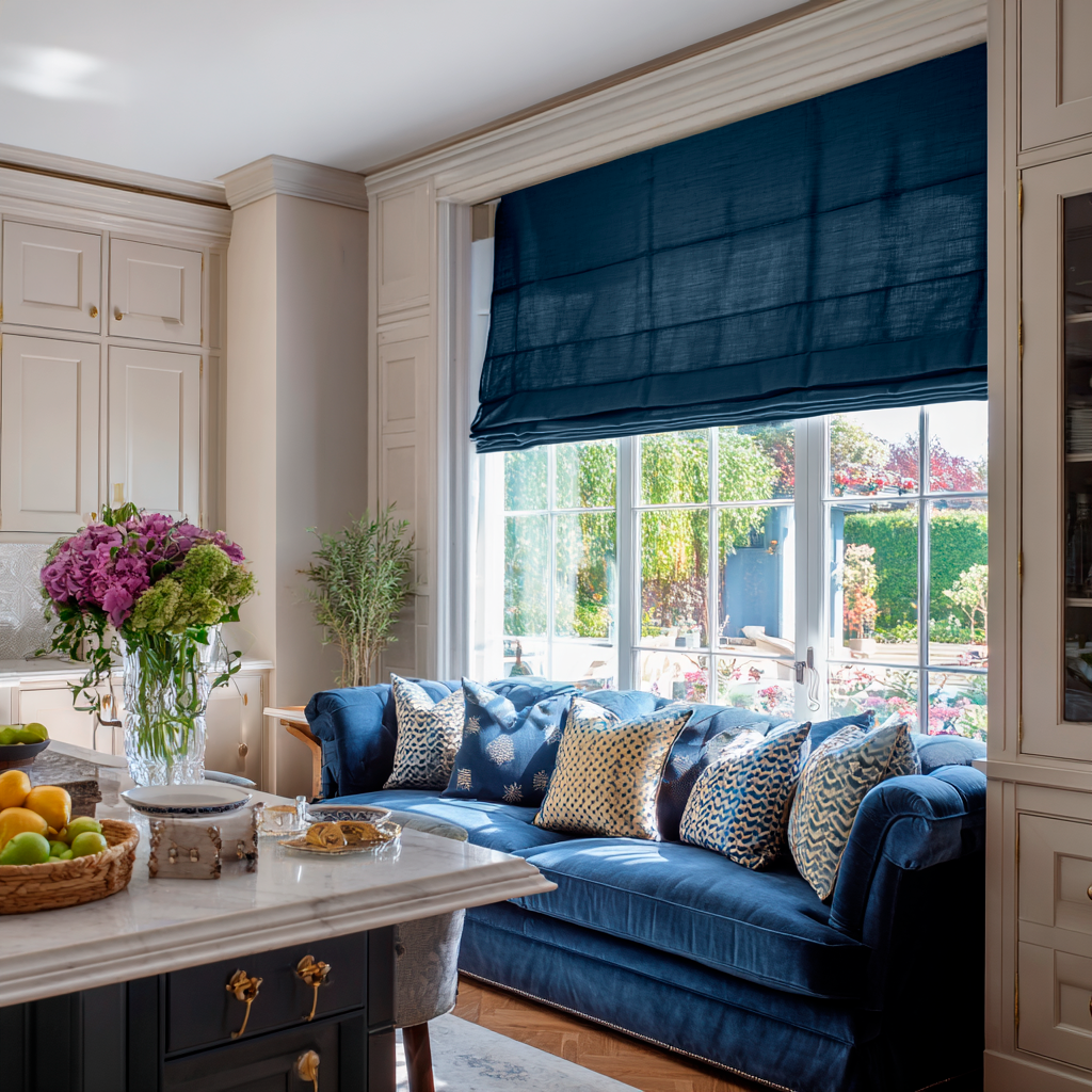 Peacock Blue Linen Roman Blinds in an Elegant Kitchen with Cream Cabinetry - Cotton Lining