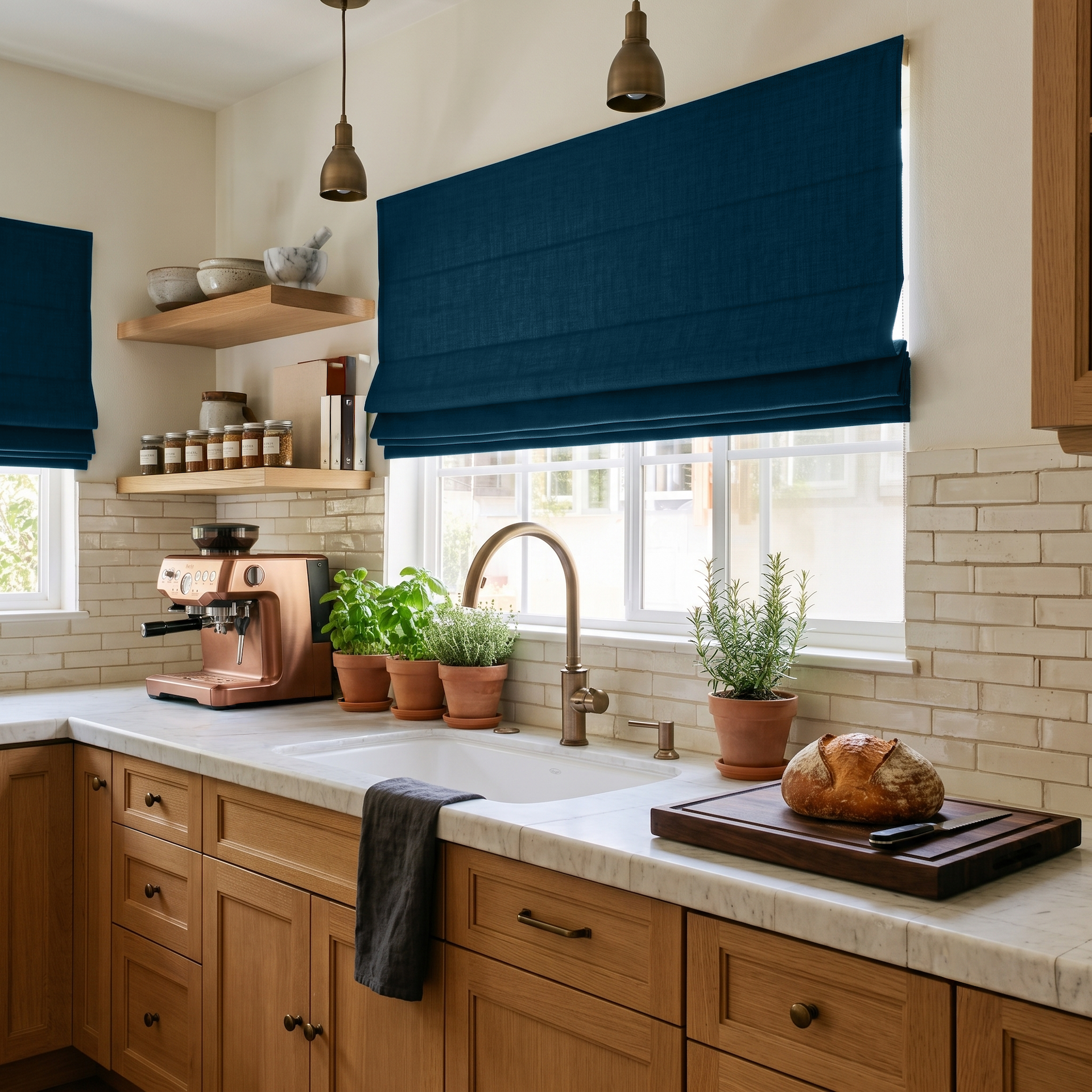 Peacock Blue Linen Roman Blinds in a Warm Kitchen with Light Wood Cabinetry - Blackout Lining