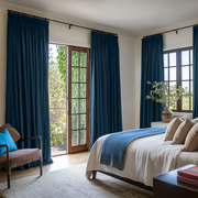 Peacock Blue Linen Pencil Pleat Curtains in a Contemporary Bedroom with Soft Neutral Walls - Blackout Lining
