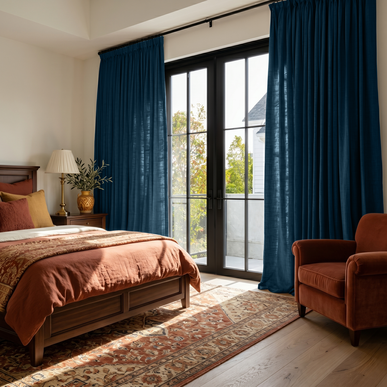 Peacock Blue Linen Pencil Pleat Curtains in a Cozy Bedroom with Warm Beige Walls and Earth Tone Accents