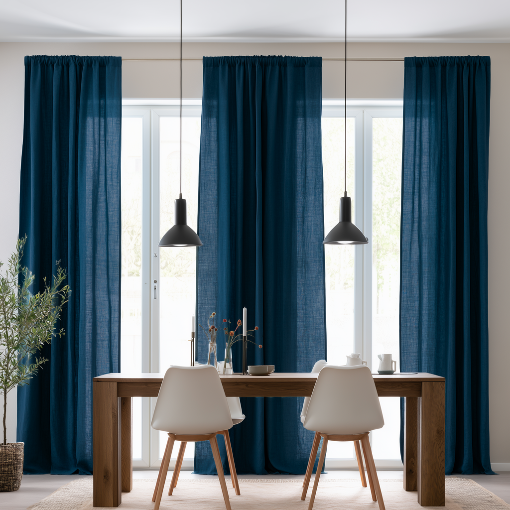 Floor-length teal blue curtains hang across tall dining room windows behind a wooden table with white chairs and two black pendant lights