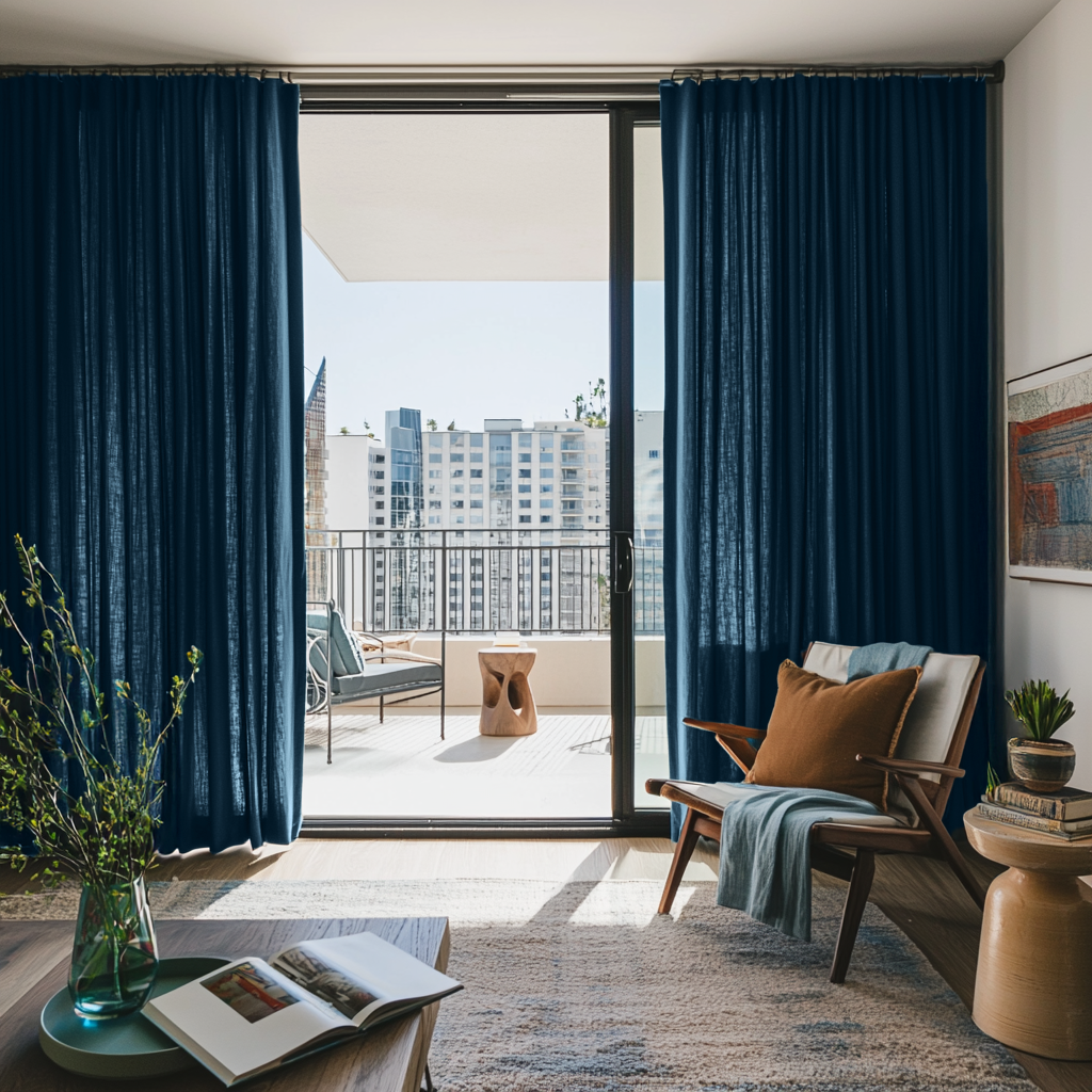 Peacock Blue Linen S-Fold Curtains for Sliding Doors in a Living Room with Off-White Walls