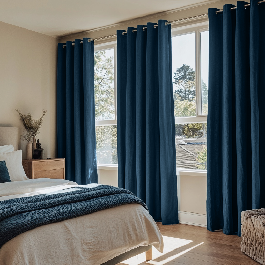 Peacock Blue Linen Thermal Eyelet Curtains