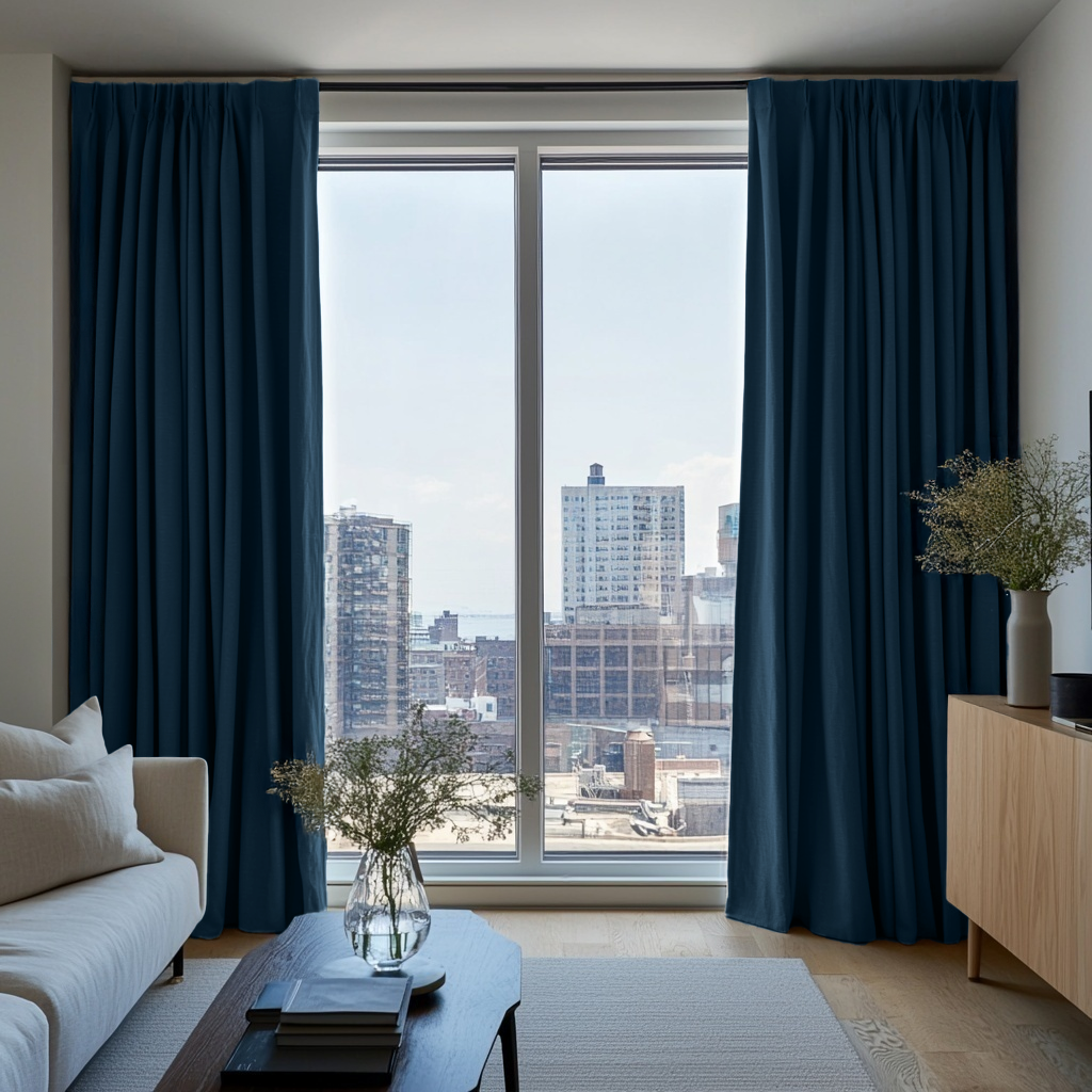 Peacock Blue Linen Thermal Pinch Pleat Curtains