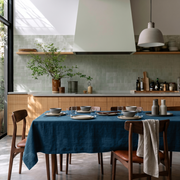 Peacock Blue Rectangular Linen Tablecloth in a Modern Kitchen with Wood Cabinetry
