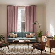 Pink Velvet Back Tab Blackout Curtains in a Living Room with Cream Walls