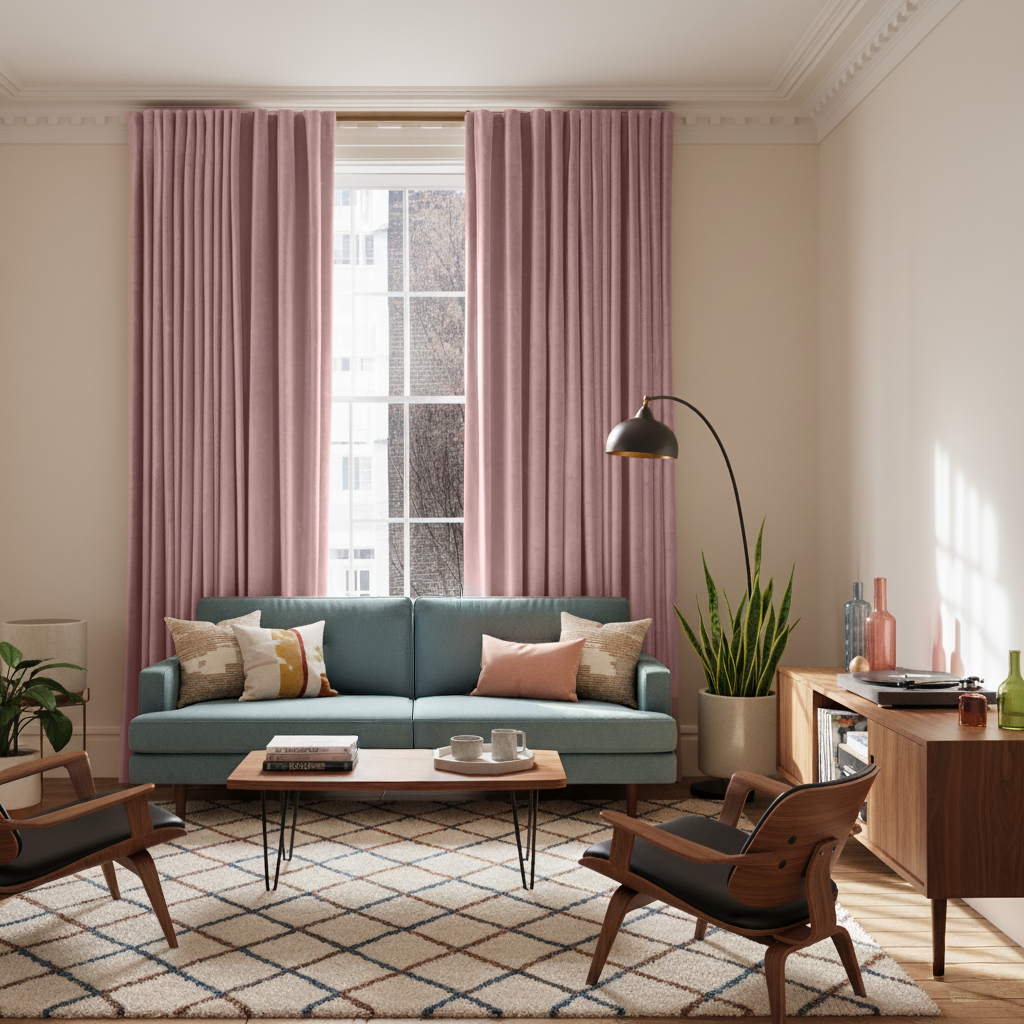 Pink Velvet Back Tab Blackout Curtains in a Living Room with Cream Walls