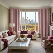 Pink Velvet Back Tab Blackout Curtains in a Living Room with Sage Green Walls