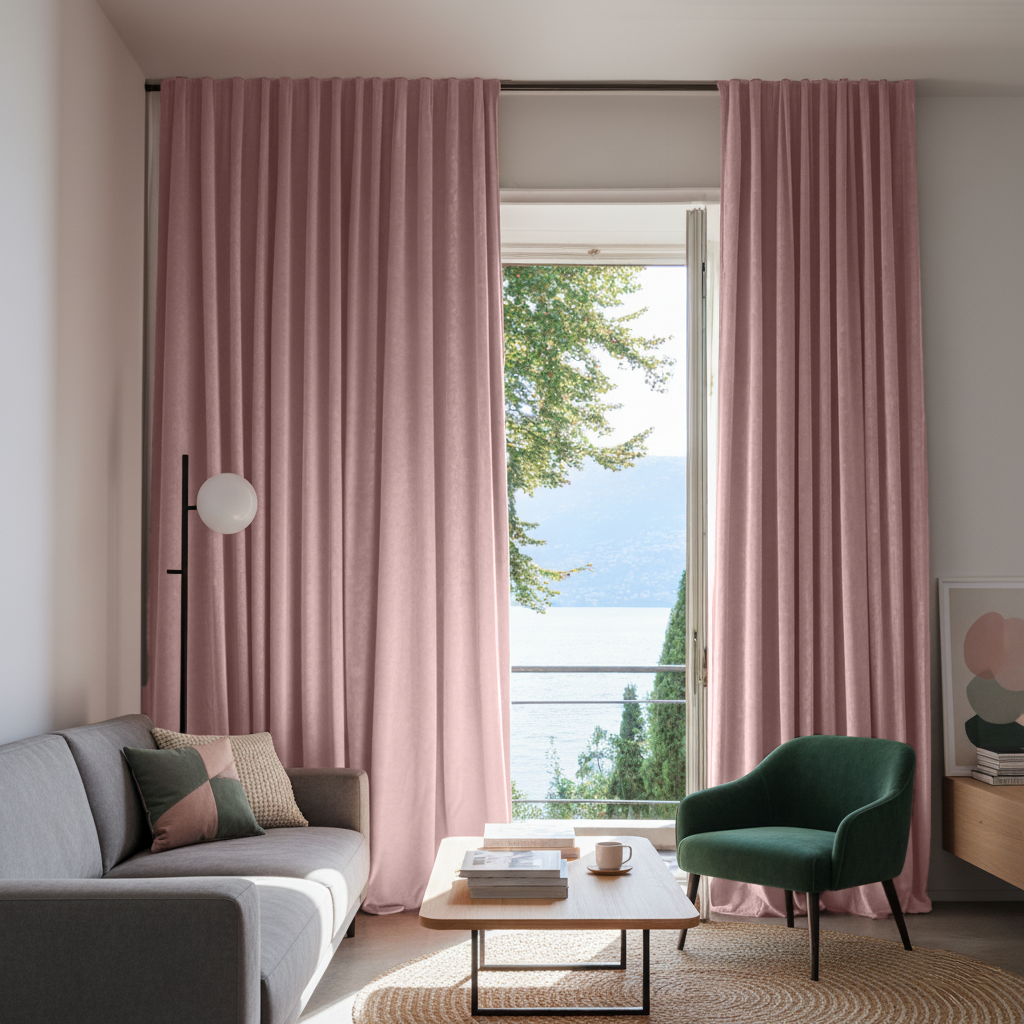 Pink Velvet Back Tab Blackout Curtains in a Living Room with White Walls