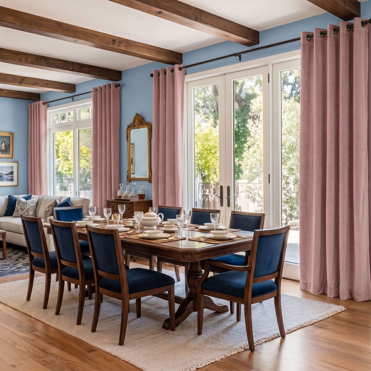 A spacious dining room with dusty-pink curtains, blue walls, exposed wooden ceiling beams, an elegant dark-wood table, navy upholstered chairs, and formal table settings
