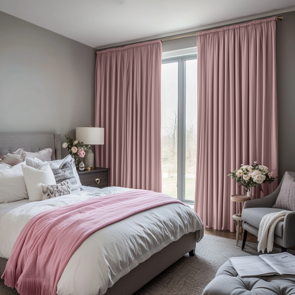 Pink Velvet Rod Pocket Blackout Curtains in a Bedroom with Grey Walls