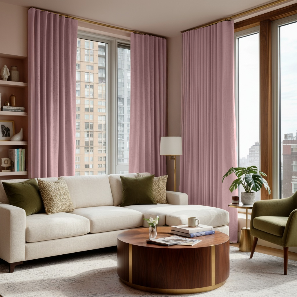 Pink Velvet S-Fold Blackout Curtains in a Living Room with Pink Walls