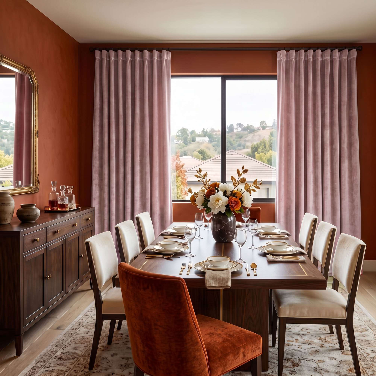 An elegant dining room with terracotta walls, soft blush-pink curtains, a dark wooden table, cream upholstered chairs, formal place settings, and a rich autumn floral centerpiece