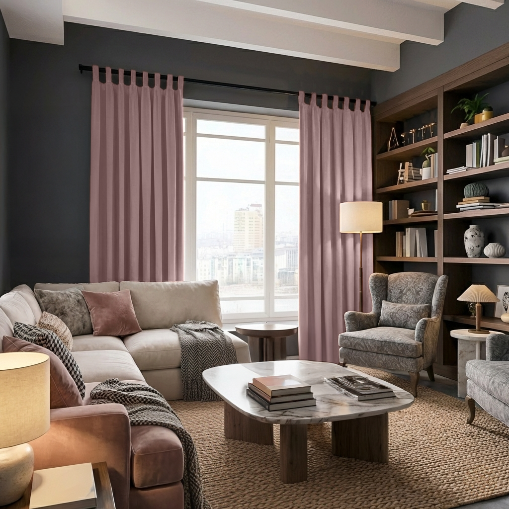 Pink Velvet Tab Top Blackout Curtains in a Living Room with Grey Walls