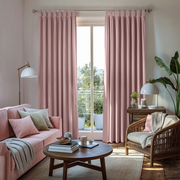 Pink Velvet Tab Top Blackout Curtains in a Living Room with White Walls