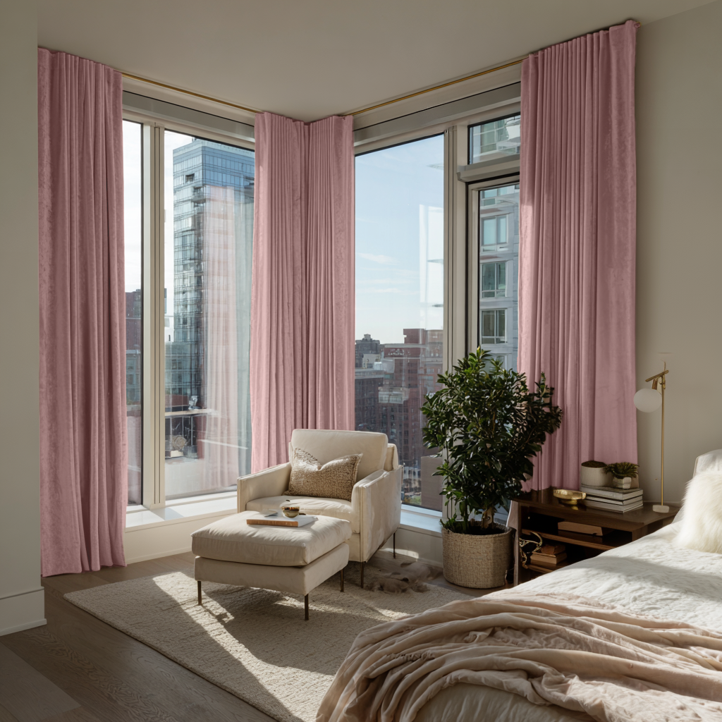 Pink Velvet Thermal Curtains with Multitape