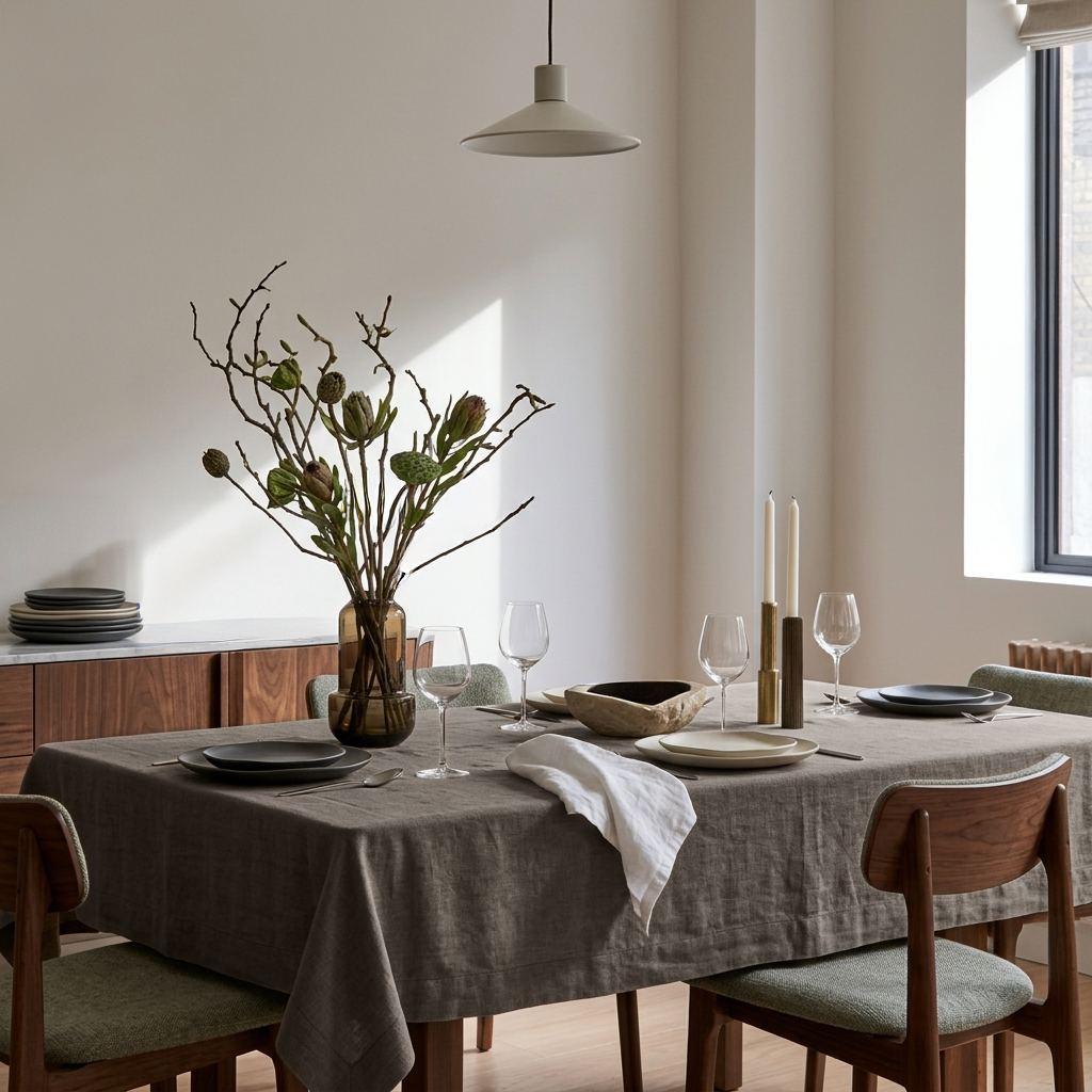 Natural Rectangular Heavy Weight Linen Tablecloth in a Mid-Century Modern Dining Room with Walnut Furniture