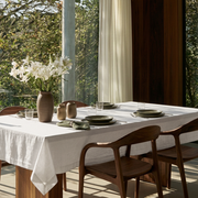 Off-White Rectangular Heavy Weight Linen Tablecloth in a Modern Organic Dining Room with Walnut Chairs