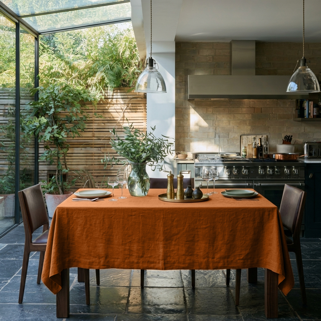Terracotta Rectangular Heavy Weight Linen Tablecloth in a Contemporary Kitchen with Glass Walls and Brick Backsplash