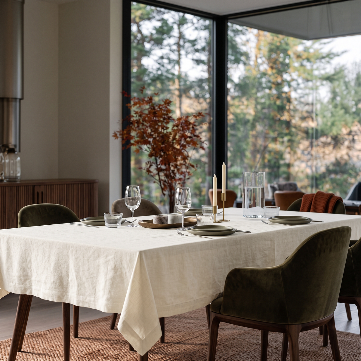 Cream Rectangular Linen Tablecloth in a Contemporary Dining Room with Velvet Chairs