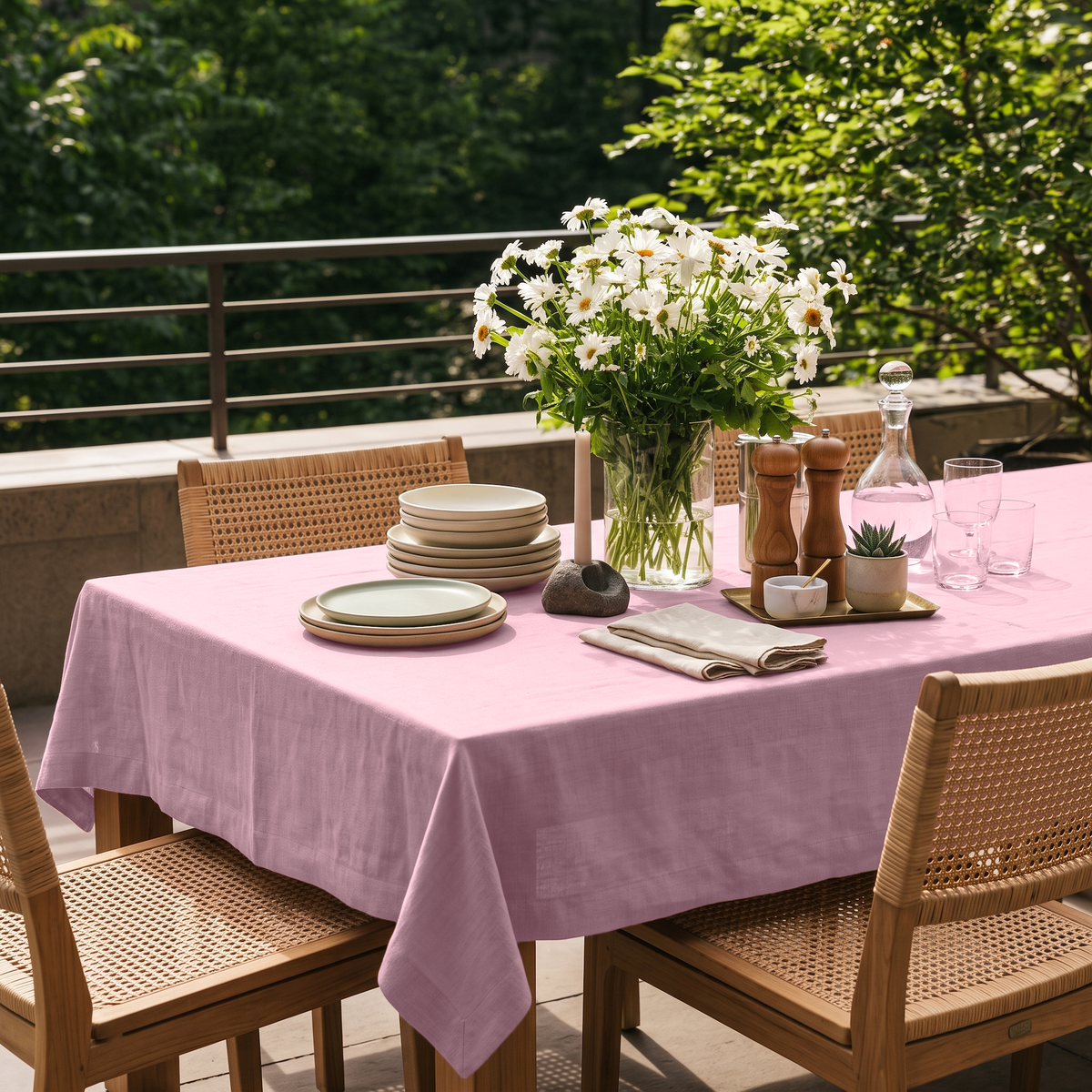Dusty Rose Rectangular Linen Tablecloth in an Outdoor Contemporary Dining Area with Cane Chairs
