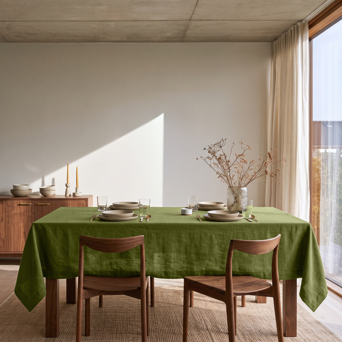Moss Green Rectangular Linen Tablecloth in a Mid-Century Modern Dining Room with Walnut Chairs and a Wooden Sideboard