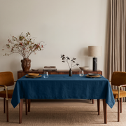 Peacock Blue Rectangular Linen Tablecloth in a Mid-Century Modern Dining Room with Walnut Sideboard and Mustard Chairs