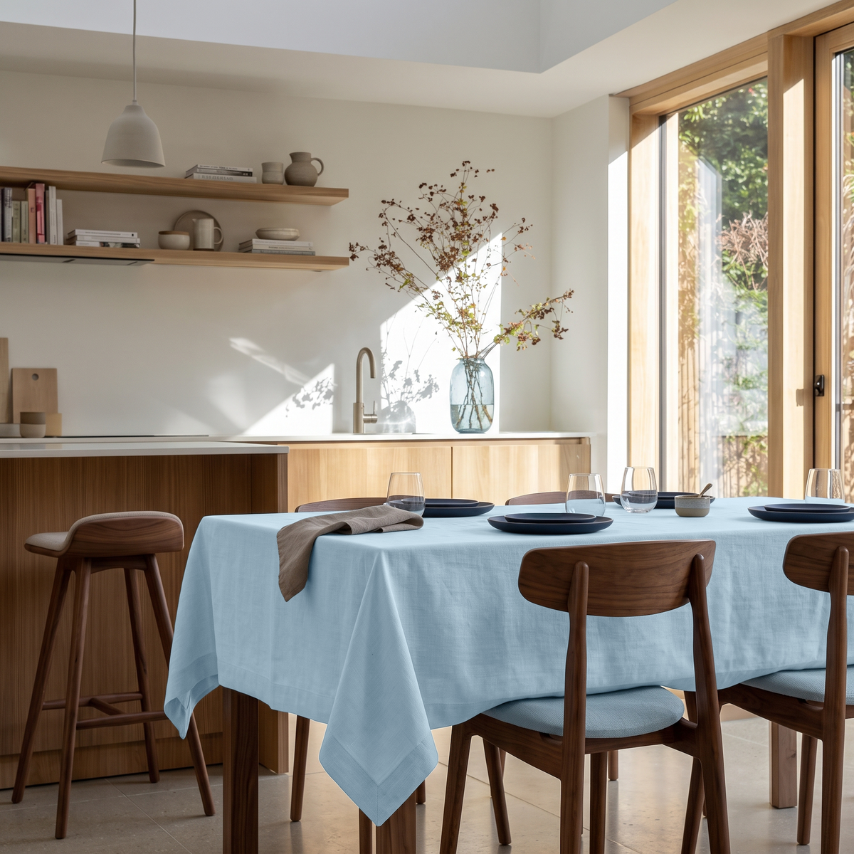 Sky Blue Rectangular Linen Tablecloth in a Scandinavian Contemporary Kitchen with Warm Wood Cabinetry
