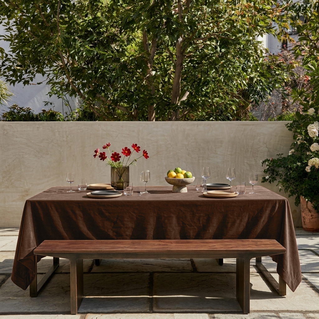 Chocolate Brown Rectangular Velvet Tablecloth in a Contemporary Patio Dining Area with Wooden Bench