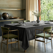 Dark Grey Rectangular Velvet Tablecloth in a Contemporary Dining Room with Olive Velvet Chairs
