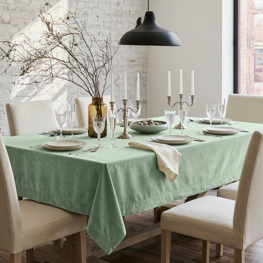 Mint Green Rectangular Velvet Tablecloth in a Transitional Dining Room with Cream Upholstered Chairs and White Brick Walls