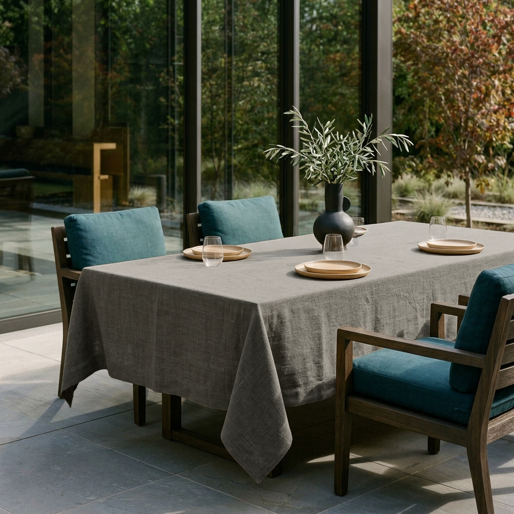 Natural Rectangular Heavy Weight Linen Tablecloth in a Contemporary Patio Dining Area with Teal Upholstered Chairs
