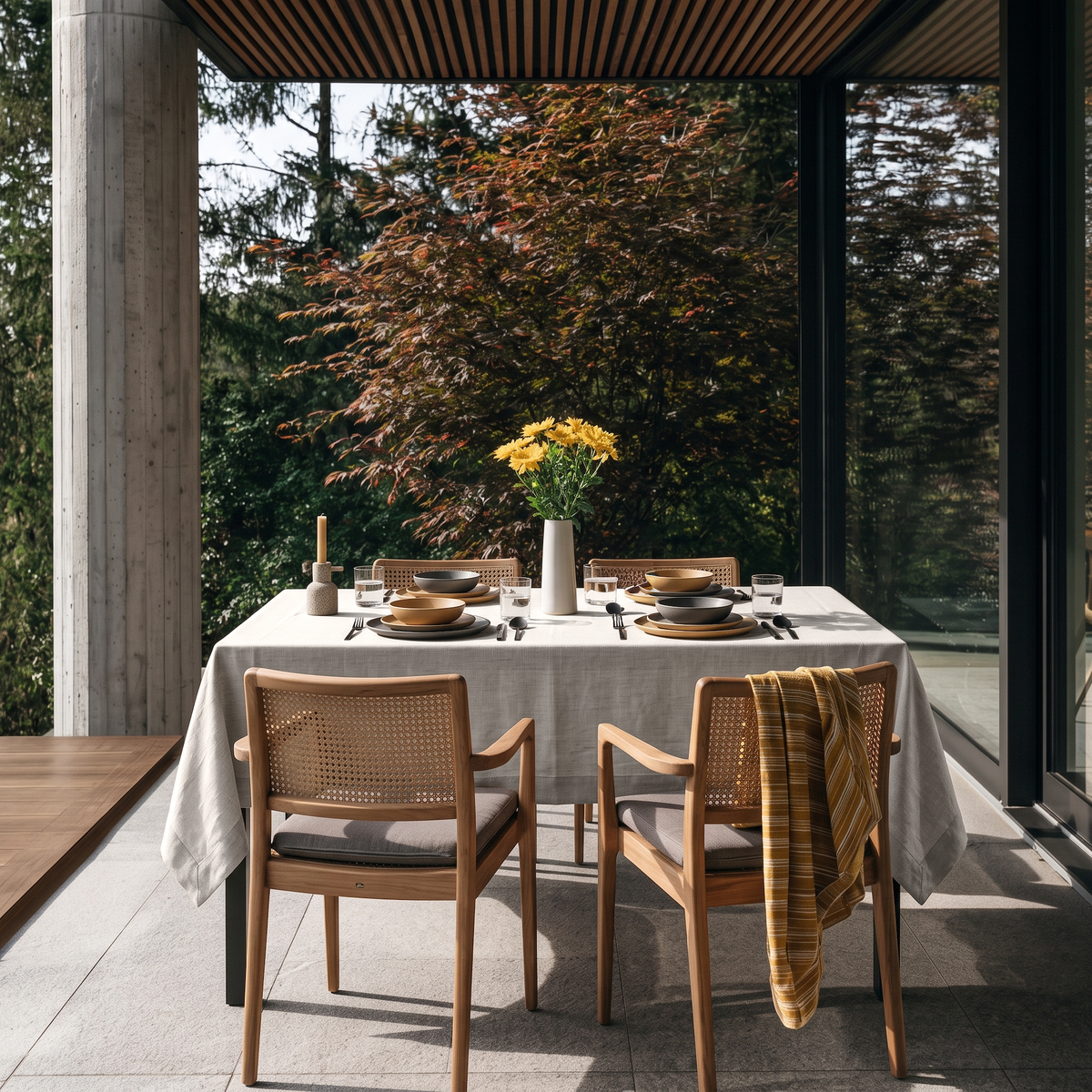 Natural Rectangular Linen Tablecloth in a Modern Outdoor Dining Area with Cane Chairs